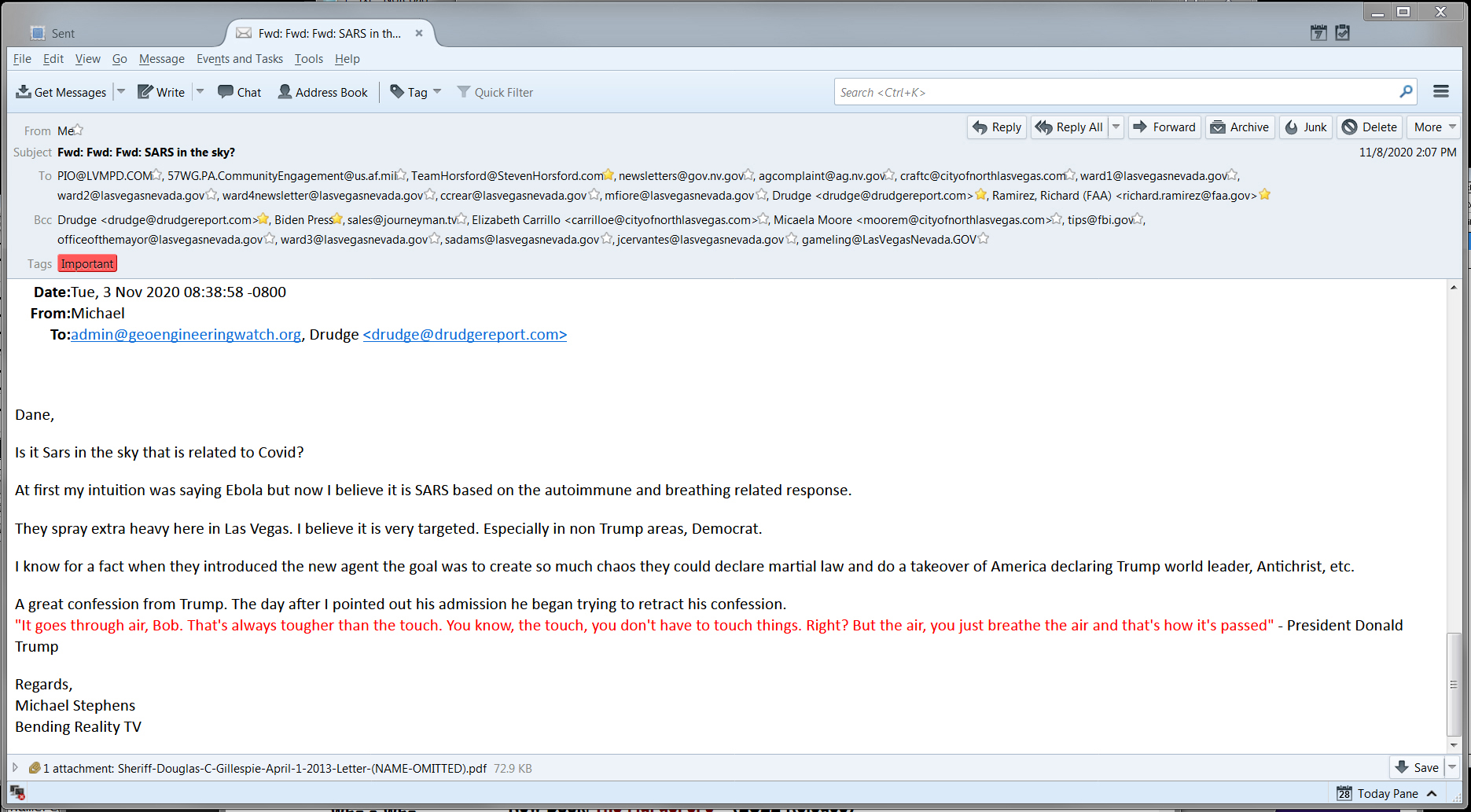 SARS in the sky CC: email to LVMPD, Nellis Air Force Base and many other government agents and agencies